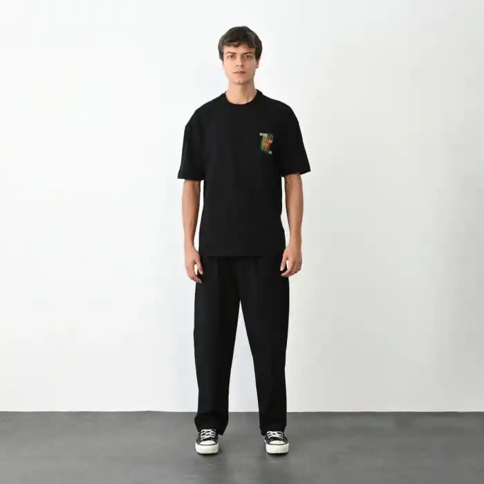 Unisex Bisiklet Yaka Baskılı Oversize T-Shirt - Siyah