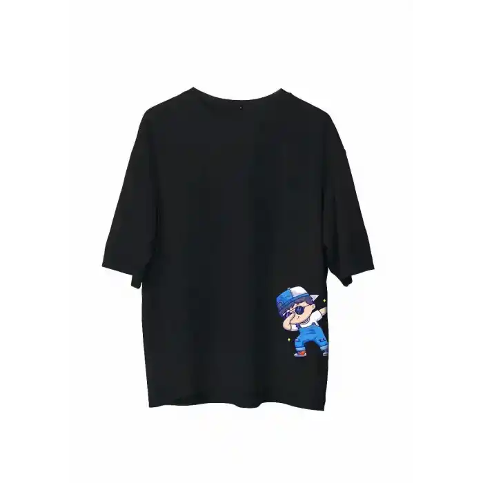 Unisex Bisiklet Yaka Baskılı Oversize T-Shirt - Siyah