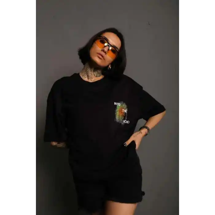 Unisex Bisiklet Yaka Baskılı Oversize T-Shirt - Siyah