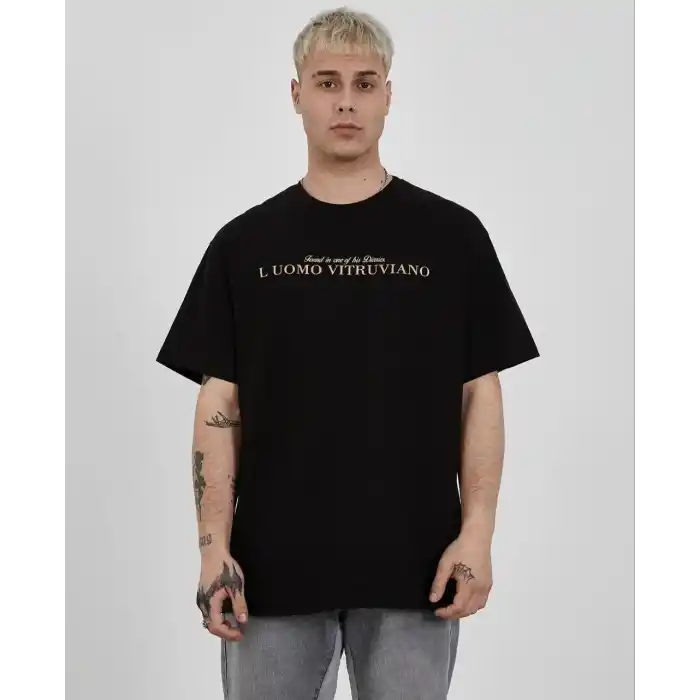 Unisex Bisiklet Yaka Baskılı Oversize T-Shirt - Siyah