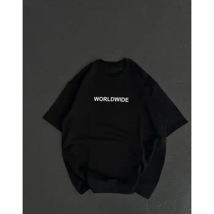 Unisex Bisiklet Yaka Baskılı Oversize T-Shirt - Siyah