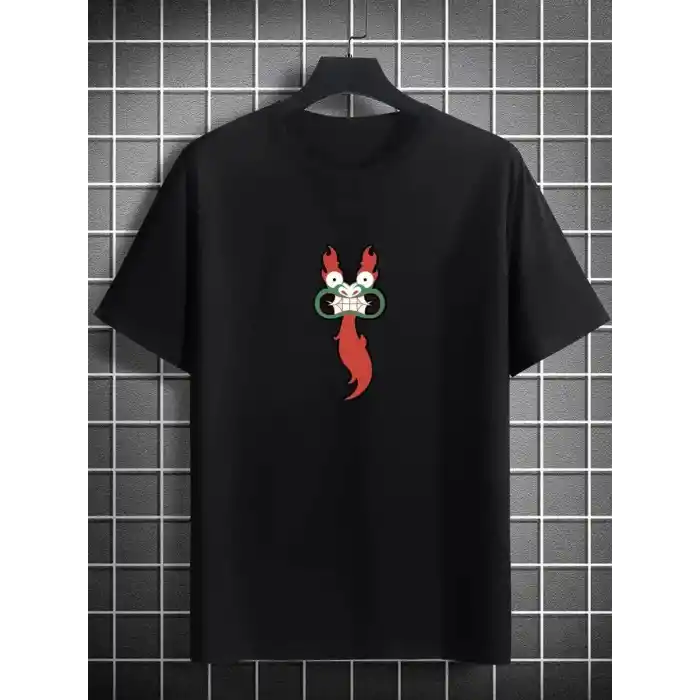 Unisex Bisiklet Yaka Baskılı Oversize T-Shirt - Siyah