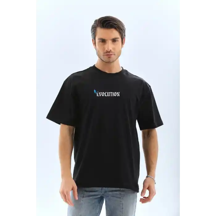 Unisex Bisiklet Yaka Baskılı Oversize T-Shirt - Siyah