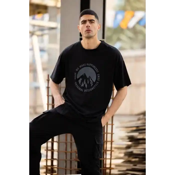 Unisex Bisiklet Yaka Baskılı Oversize T-Shirt - Siyah