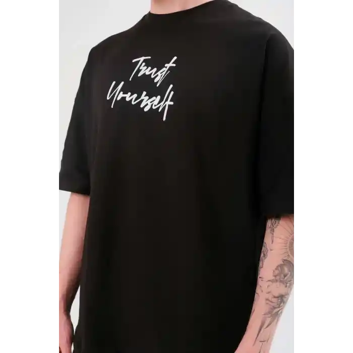 Unisex Bisiklet Yaka Baskılı Oversize T-Shirt - Siyah