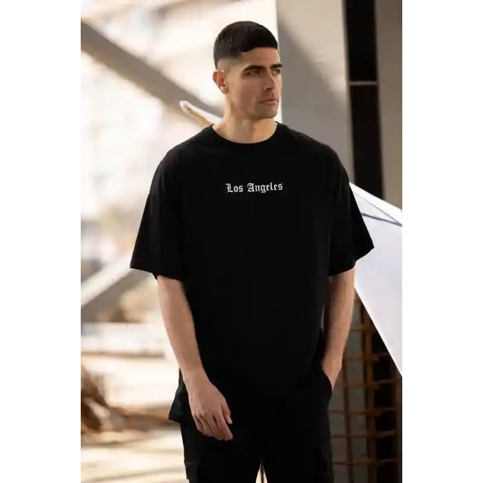 Unisex Bisiklet Yaka Baskılı Oversize T-Shirt - Siyah