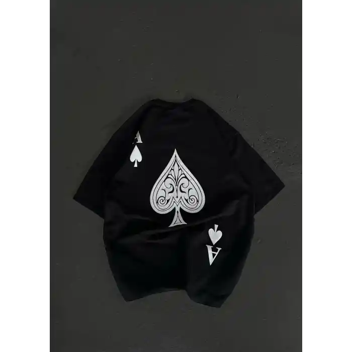 Unisex Bisiklet Yaka Baskılı Oversize T-Shirt - Siyah