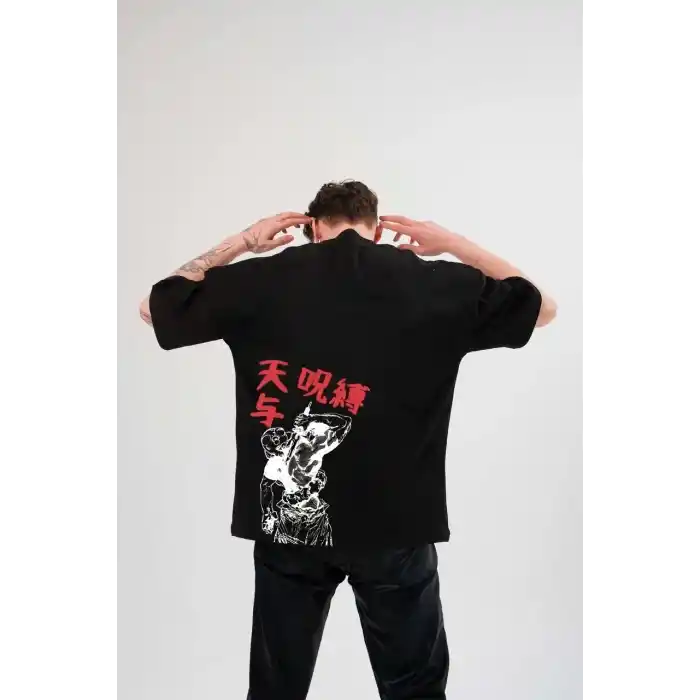 Unisex Bisiklet Yaka Baskılı Oversize T-Shirt - Siyah