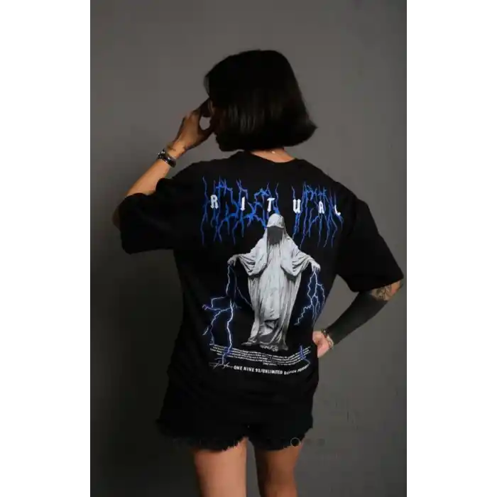 Unisex Bisiklet Yaka Baskılı Oversize T-Shirt - Siyah