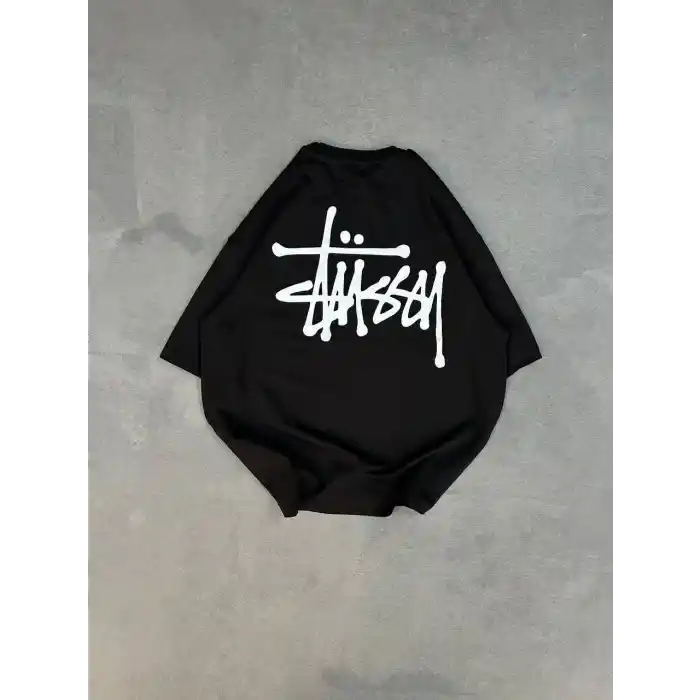 Unisex Bisiklet Yaka Baskılı Oversize T-Shirt - Siyah