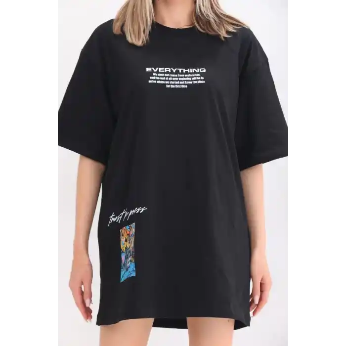 Unisex Bisiklet Yaka Baskılı Oversize T-Shirt - Siyah