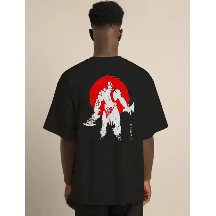 Unisex Bisiklet Yaka Baskılı Oversize T-Shirt - Siyah