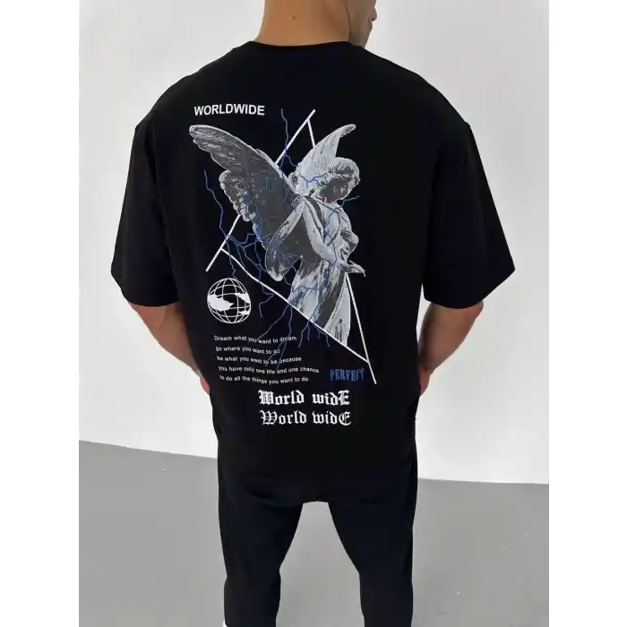 Unisex Bisiklet Yaka Baskılı Oversize T-Shirt - Siyah