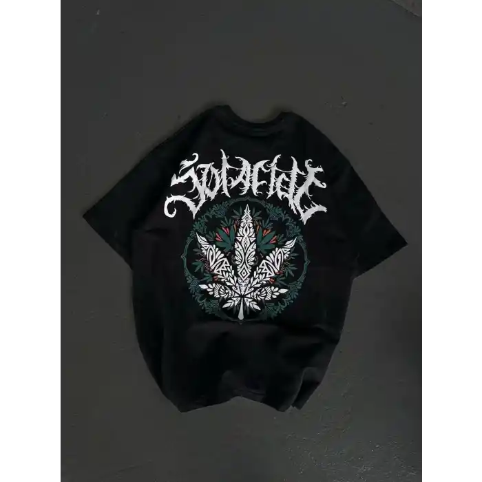 Unisex Bisiklet Yaka Baskılı Oversize T-Shirt - Siyah