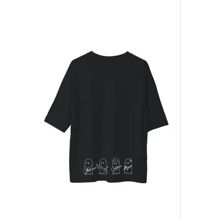 Unisex Bisiklet Yaka Baskılı Oversize T-Shirt - Siyah