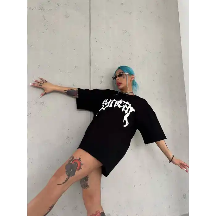 Unisex Bisiklet Yaka Baskılı Oversize T-Shirt - Siyah