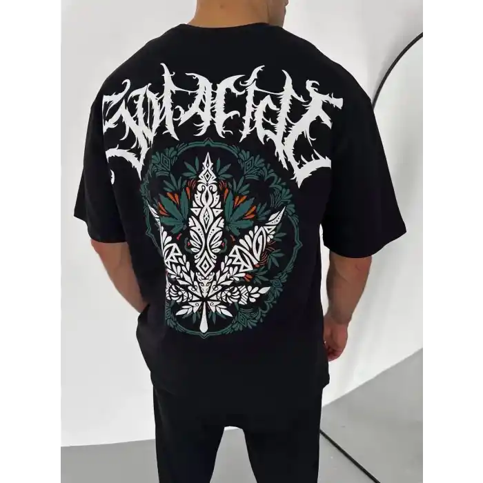 Unisex Bisiklet Yaka Baskılı Oversize T-Shirt - Siyah