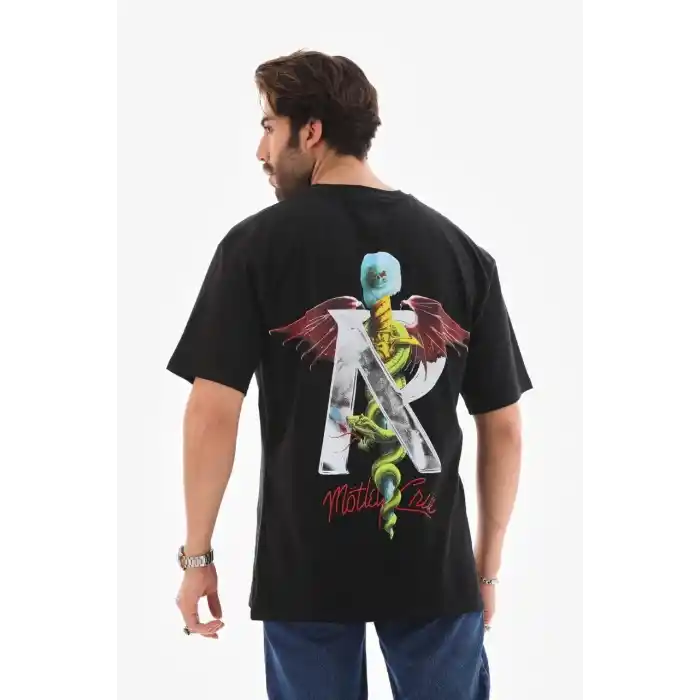 Unisex Bisiklet Yaka Baskılı Oversize T-Shirt - Siyah