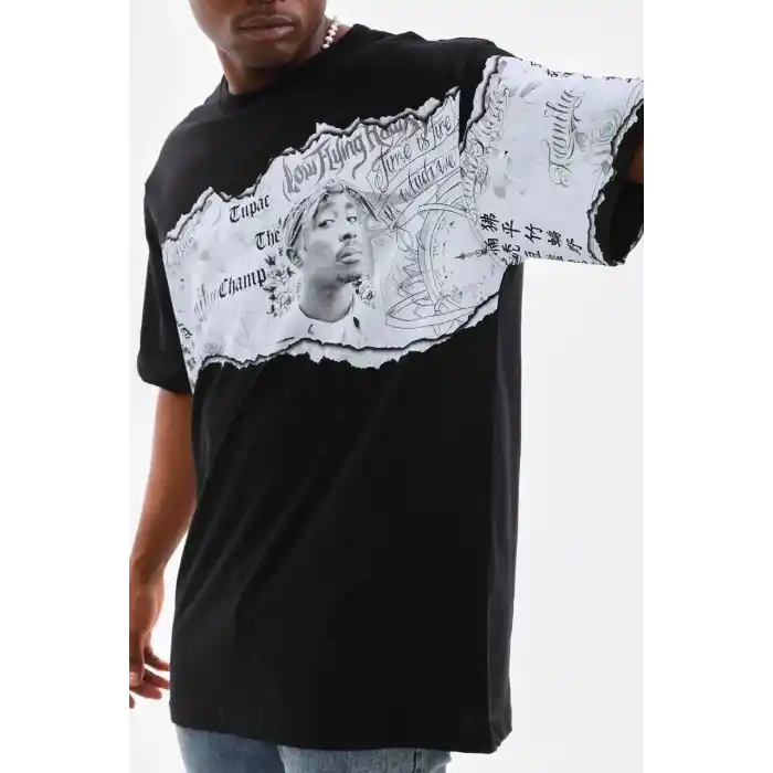 Unisex Bisiklet Yaka Baskılı Oversize T-Shirt - Siyah