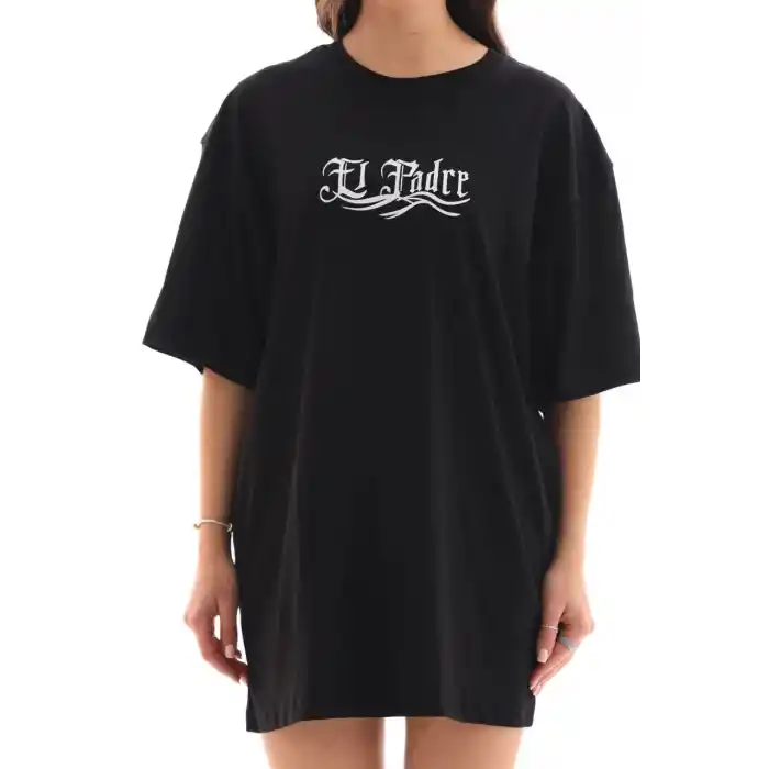 Unisex Bisiklet Yaka Baskılı Oversize T-Shirt - Siyah