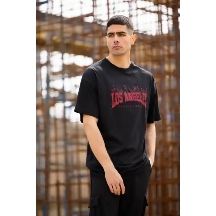 Unisex Bisiklet Yaka Baskılı Oversize T-Shirt - Siyah