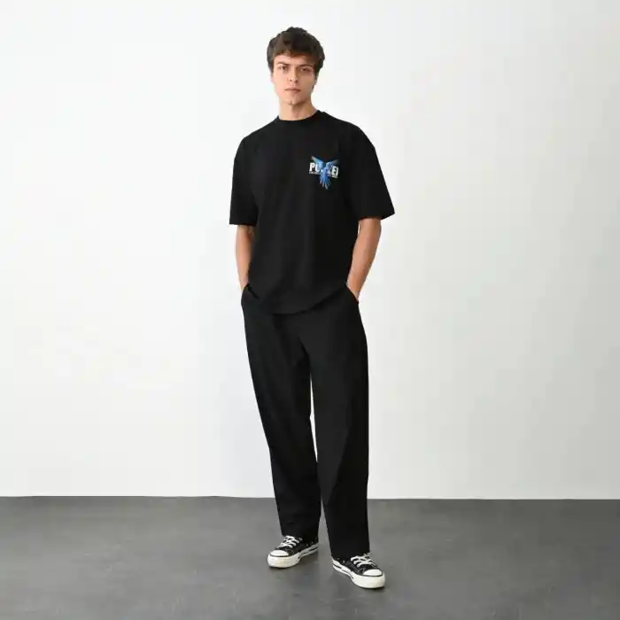 Unisex Bisiklet Yaka Baskılı Oversize T-Shirt - Siyah