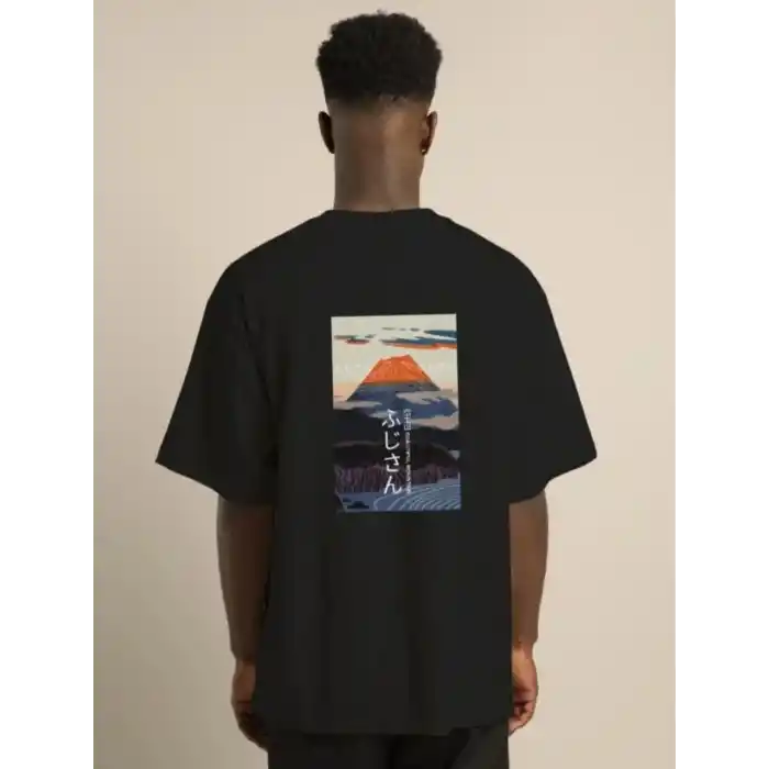 Unisex Bisiklet Yaka Baskılı Oversize T-Shirt - Siyah