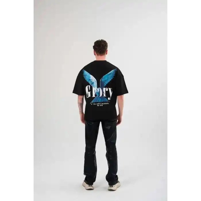 Unisex Bisiklet Yaka Baskılı Oversize T-Shirt - Siyah