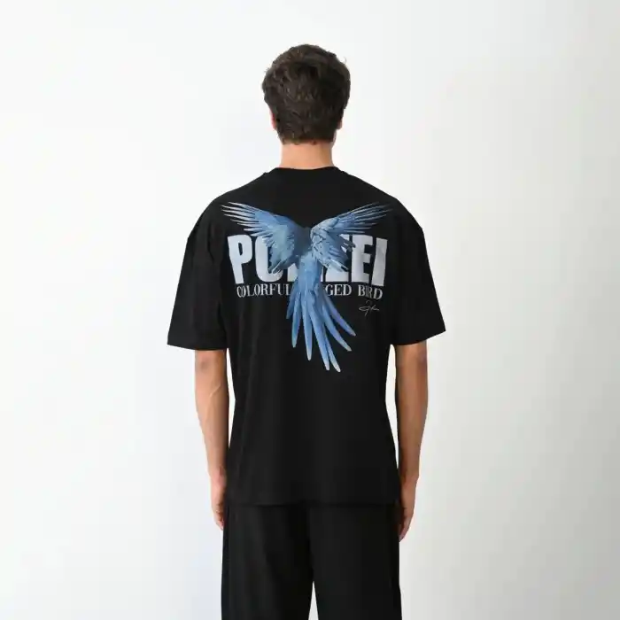 Unisex Bisiklet Yaka Baskılı Oversize T-Shirt - Siyah