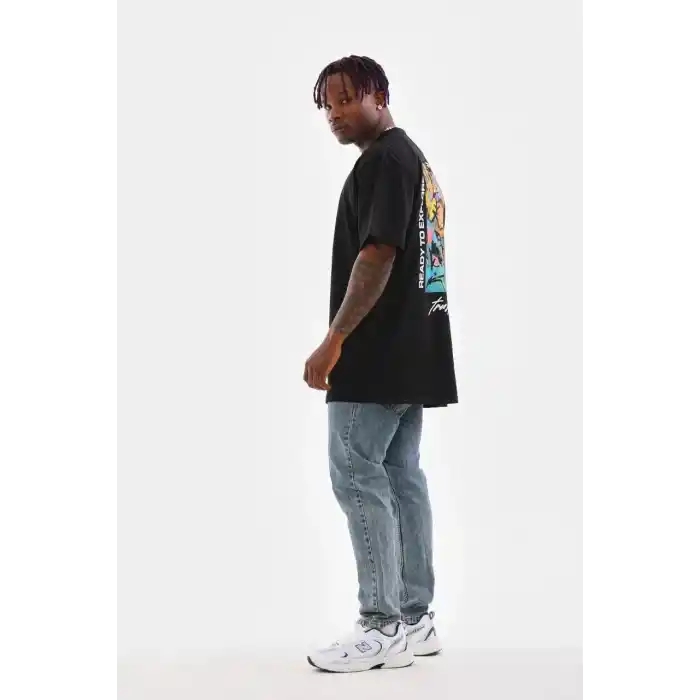 Unisex Bisiklet Yaka Baskılı Oversize T-Shirt - Siyah