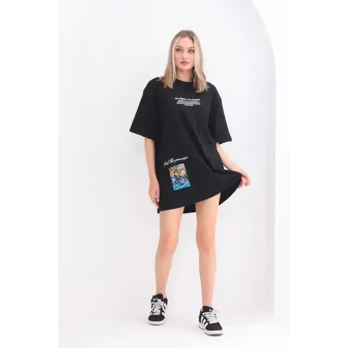 Unisex Bisiklet Yaka Baskılı Oversize T-Shirt - Siyah