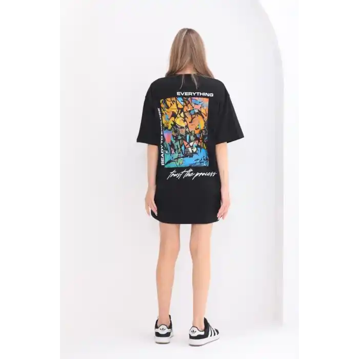 Unisex Bisiklet Yaka Baskılı Oversize T-Shirt - Siyah