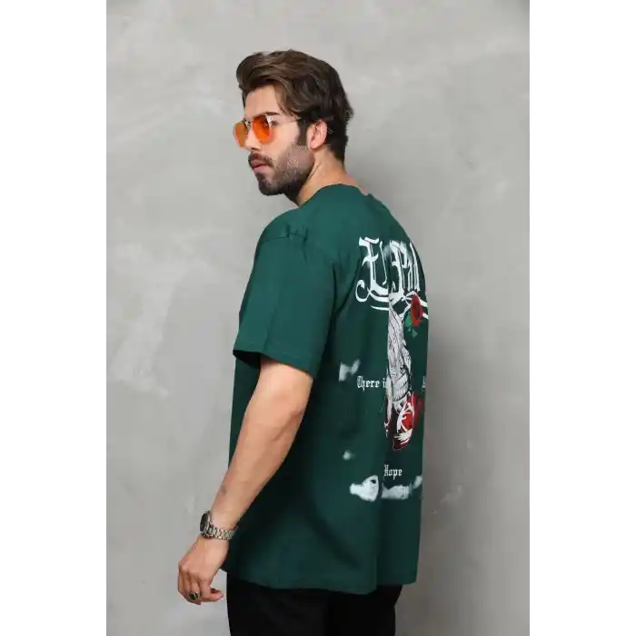 Unisex Bisiklet Yaka Baskılı Oversize T-Shirt - Yeşil