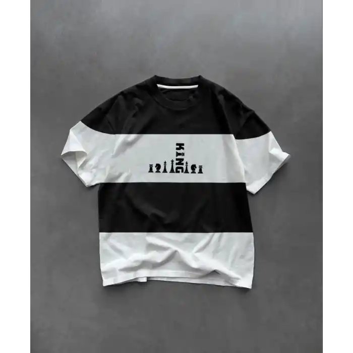 Unisex Bisiklet Yaka Baskılı Parçalı Oversize T-Shirt - Siyah