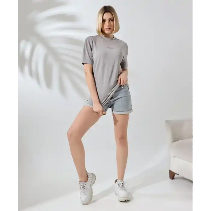 Unisex Bisiklet Yaka Baskılı Slim Fit T-Shirt - Boyalı Gri