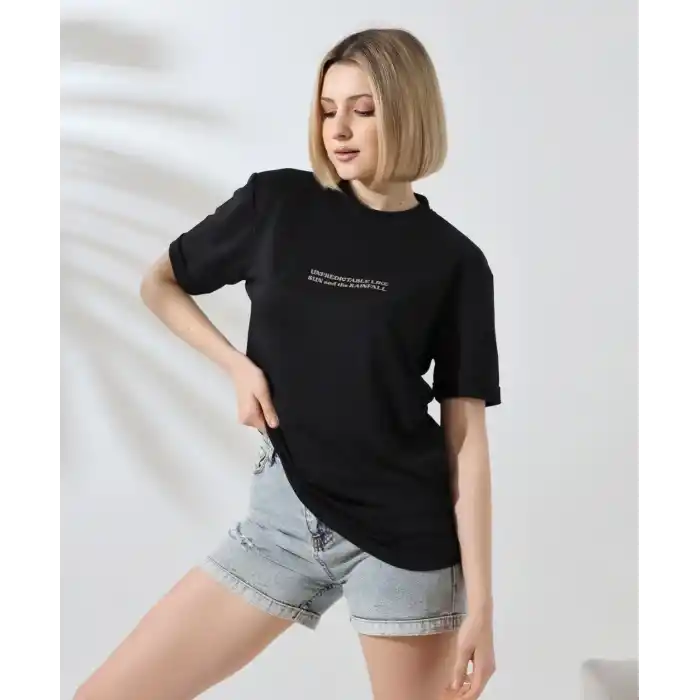 Unisex Bisiklet Yaka Baskılı Slim Fit T-Shirt - Siyah