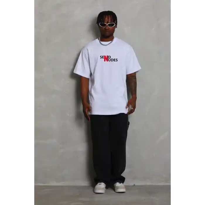 Unisex Bisiklet Yaka Double Oversize Baskılı T-Shirt - Beyaz