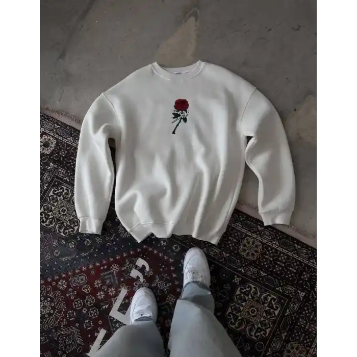 Unisex Bisiklet Yaka Ön Ve Arka Baskılı SweatShirt - Beyaz
