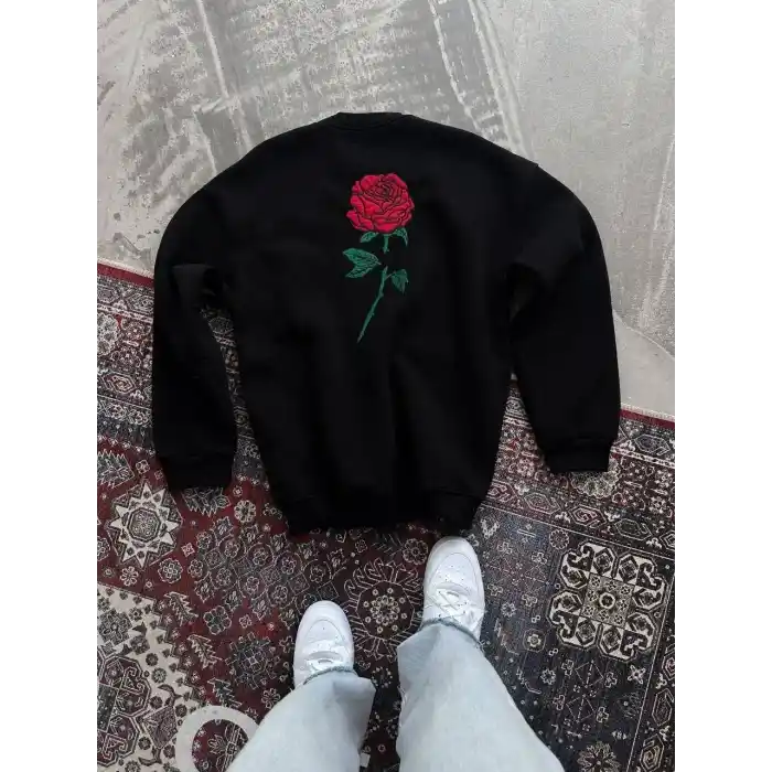 Unisex Bisiklet Yaka Ön Ve Arka Baskılı SweatShirt - Siyah