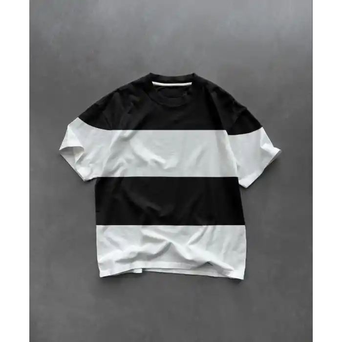 Unisex Bisiklet Yaka Parçalı T-Shirt - Siyah