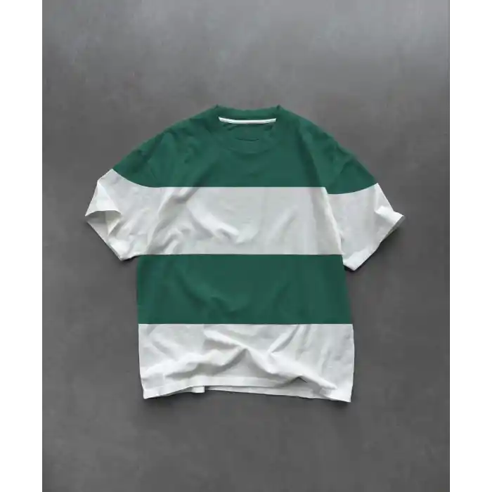 Unisex Bisiklet Yaka Parçalı T-Shirt - Yeşil