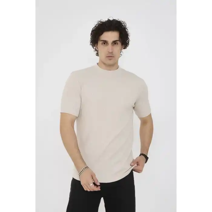 Unisex Bisiklet Yaka Slim fit T-Shirt- Bej