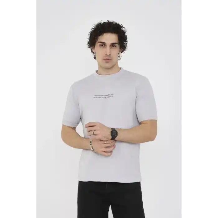 Unisex Bisiklet Yaka Slim fit T-Shirt- Boyalı Gri