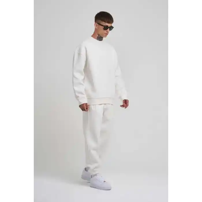 Unisex Biskilet Yaka Üç İplik SweatShirt - Beyaz