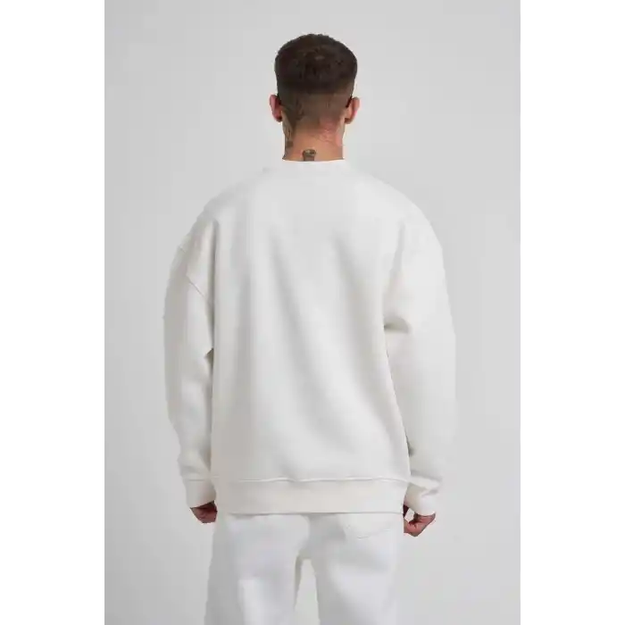 Unisex Biskilet Yaka Üç İplik SweatShirt - Beyaz