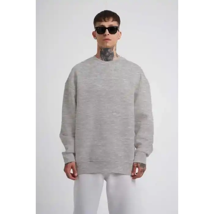 Unisex Biskilet Yaka Üç İplik SweatShirt - Gri