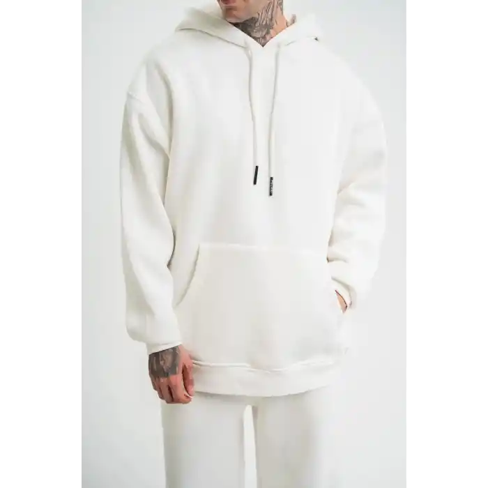 Unisex Double Oversize Kapşonlu Basic SweatShirt - Beyaz