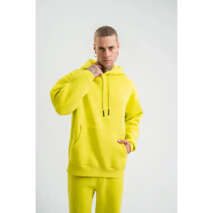 Unisex Double Oversize Kapşonlu Basic SweatShirt - Sarı