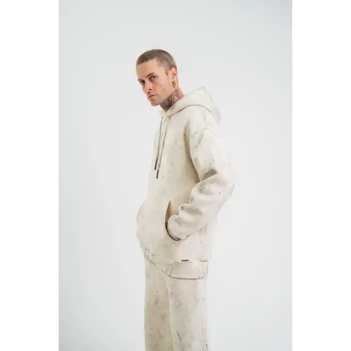 Unisex Double Oversize Kapşonlu Yıkamalı SweatShirt - Krem