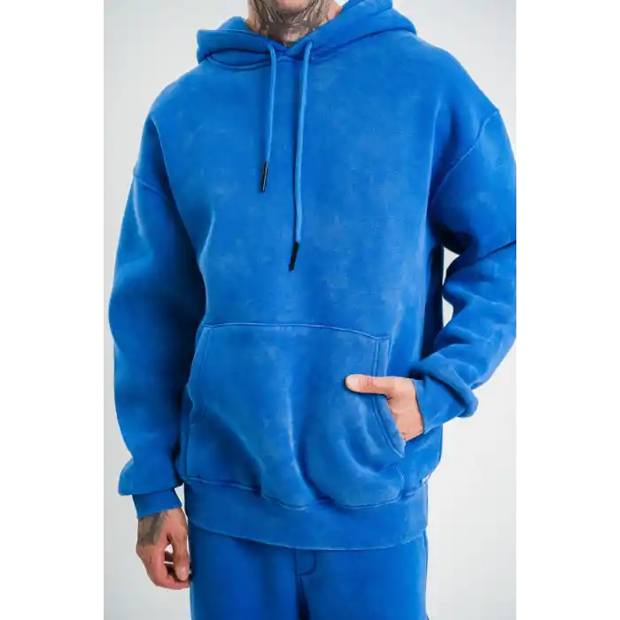 Unisex Double Oversize Kapşonlu Yıkamalı SweatShirt - Mavi